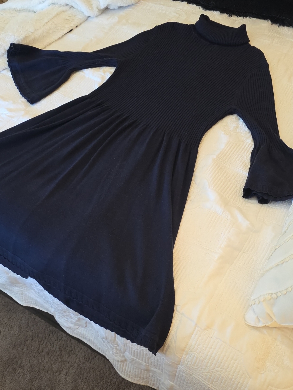 Eliza J Navy Ribbed Turtleneck Dress with Bell Sleeves